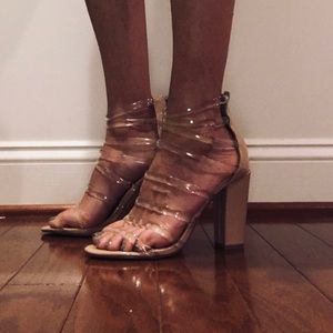 Faux Patent Leather Clear Strappy Chunky Heel